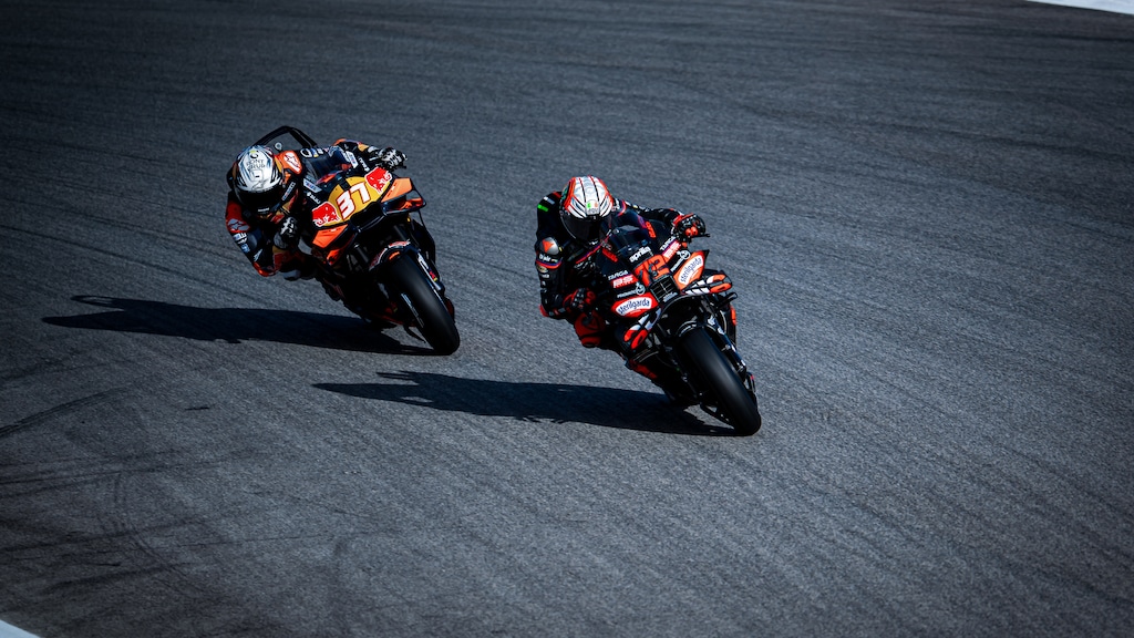 Marco Bezzecchi and Pedro Acosta on track