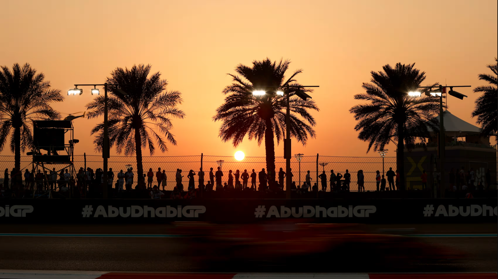 Part of the Yas Marina circuit with the sun setting.