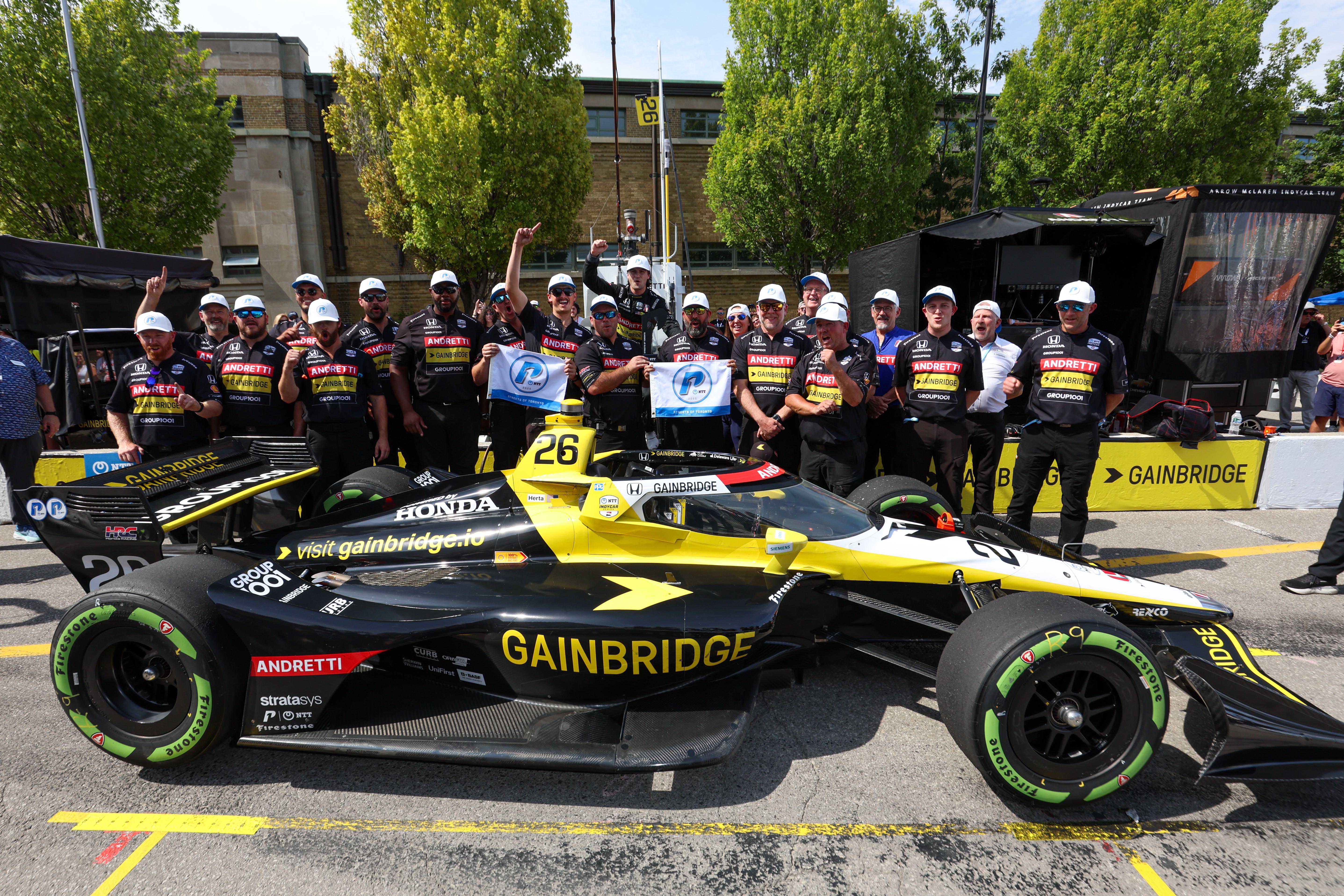 Colton Herta and Andretti Global celebrating getting pole in Toronto.