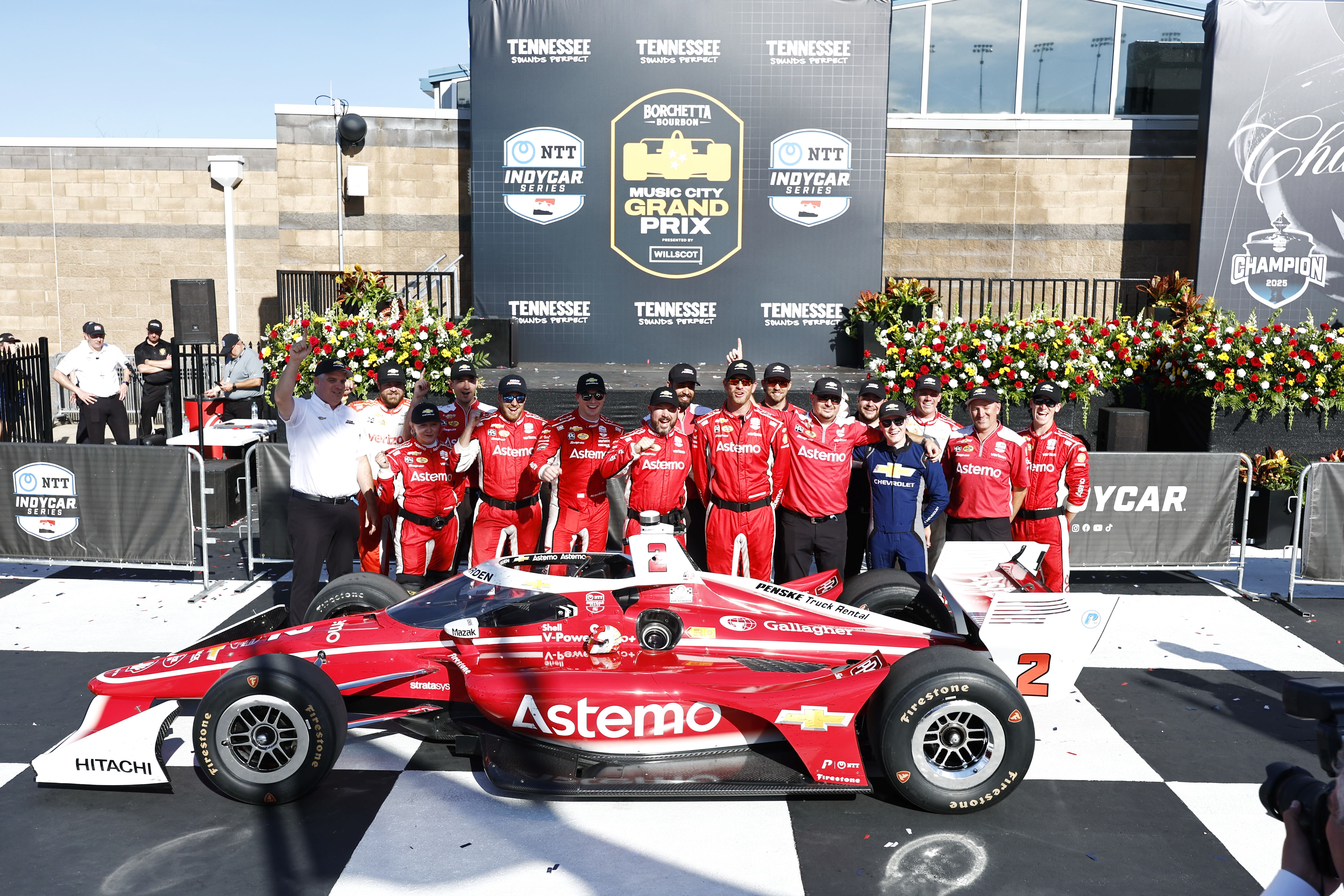 Josef Newgarden and Team Penske in victory lane after winning Nashville in 2025.