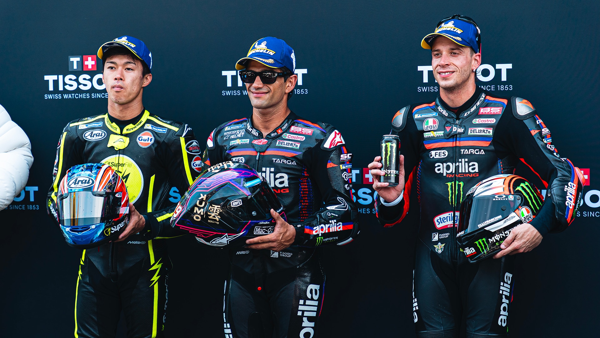 Ai Ogura, Jorge Martín, and Marco Bezzecchi at the MotoGP Assen Sprint podium.
