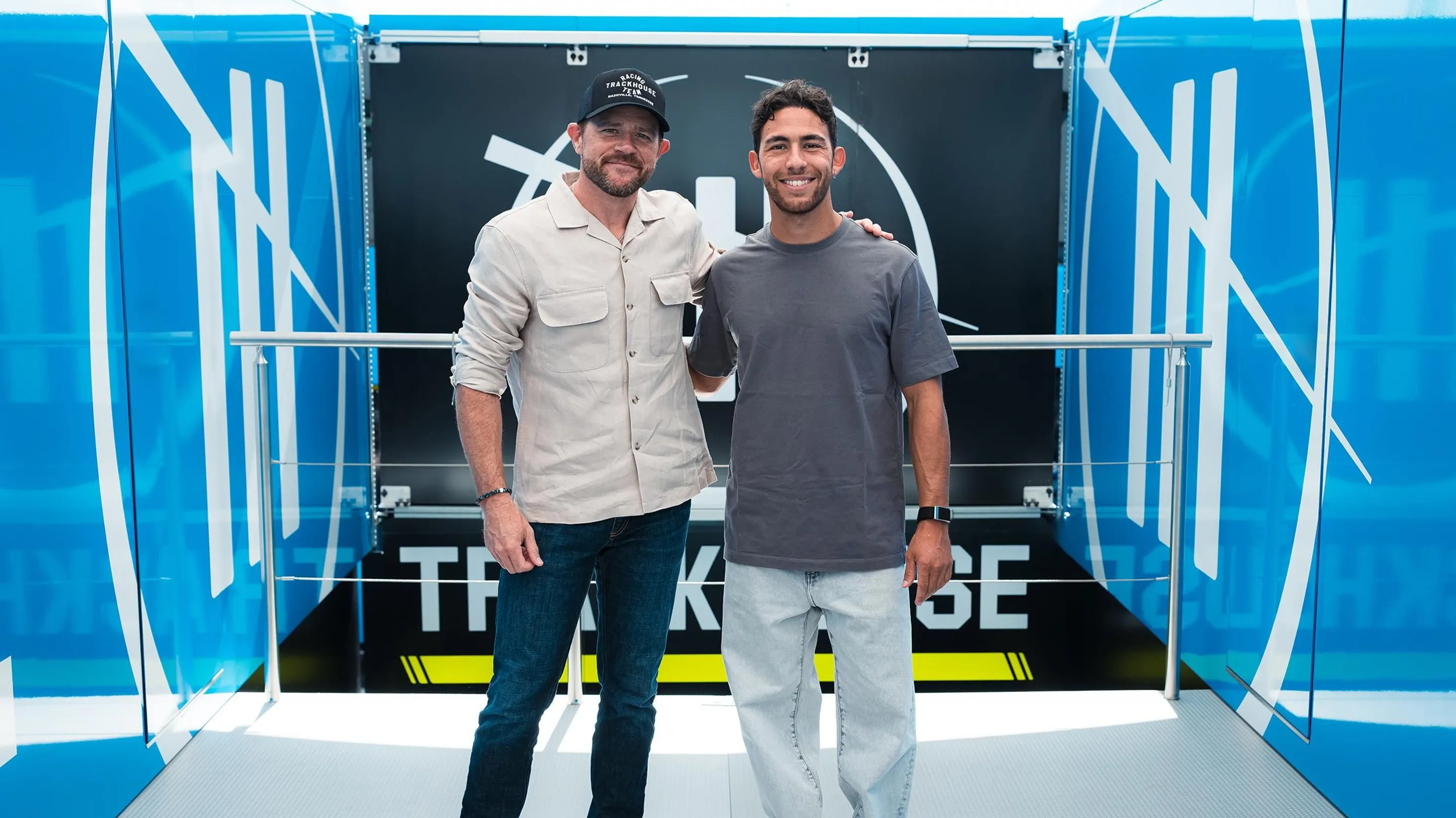 Enea Bastianini with Justin Marks, owner of SuperFile Trackhouse MotoGP Team. He'll join Raúl Fernández for 2027.