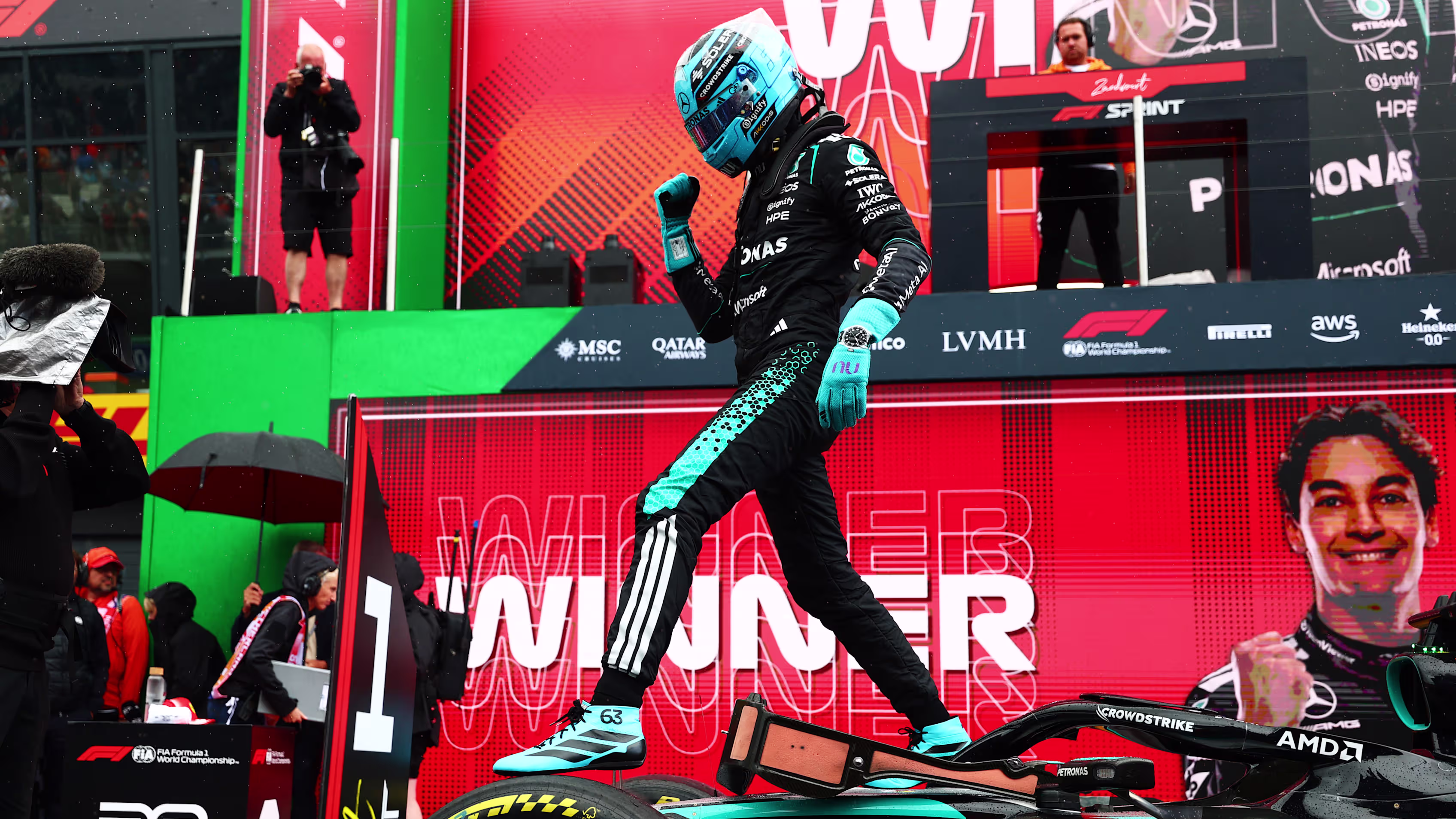 Russell in Parc Ferme after winning