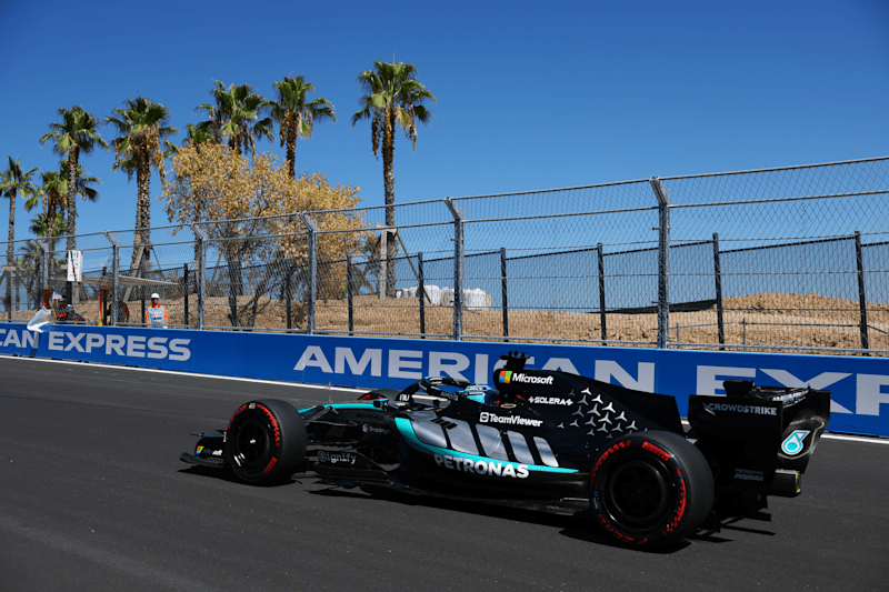 George Russell on track during Formula 1's FP1 at the Madring circuit.